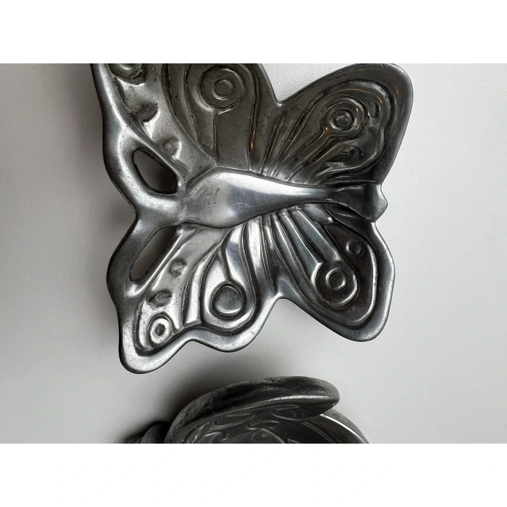 THREE  Silver Metal  Trays DRAGONFLY  LADY BUG  BUTTERFLY Candle Holder Dishes